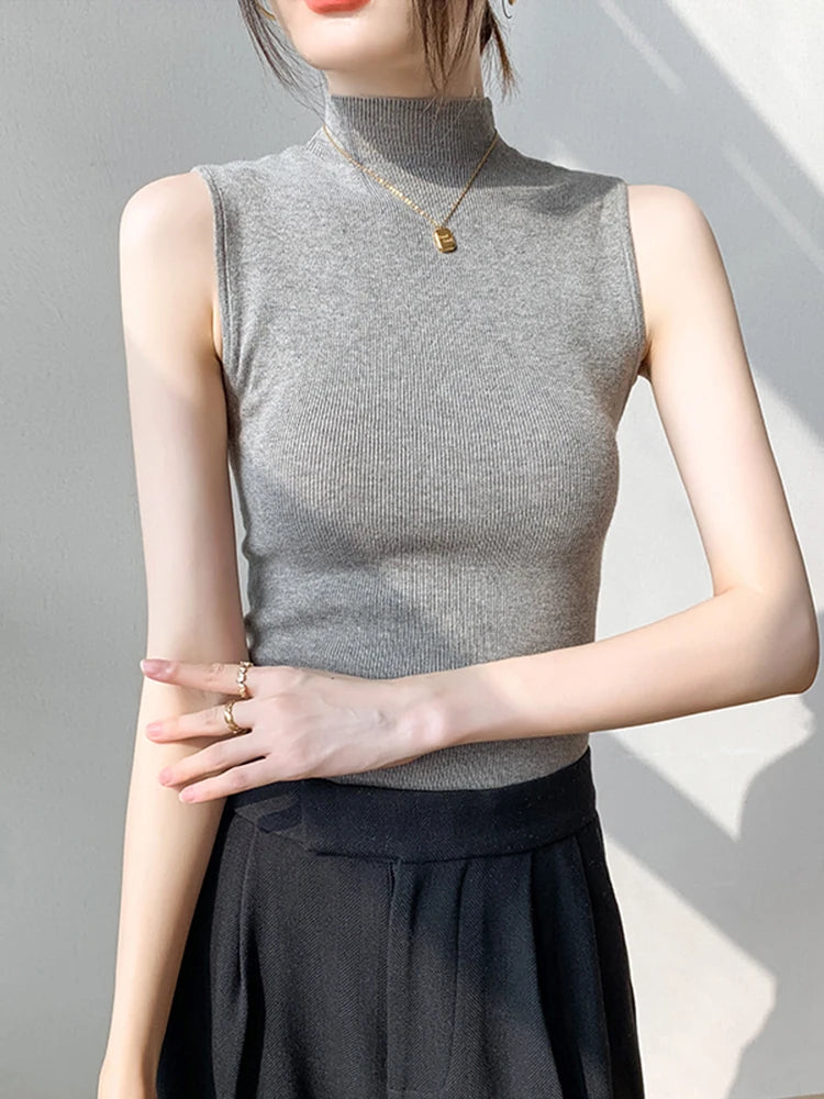 Sexy Summer Turtleneck Tank Tops Women Ribbed Sleeveless Solid Slim Top Female Sleveless Camisole Vest Casual Knitted Camis 2025
