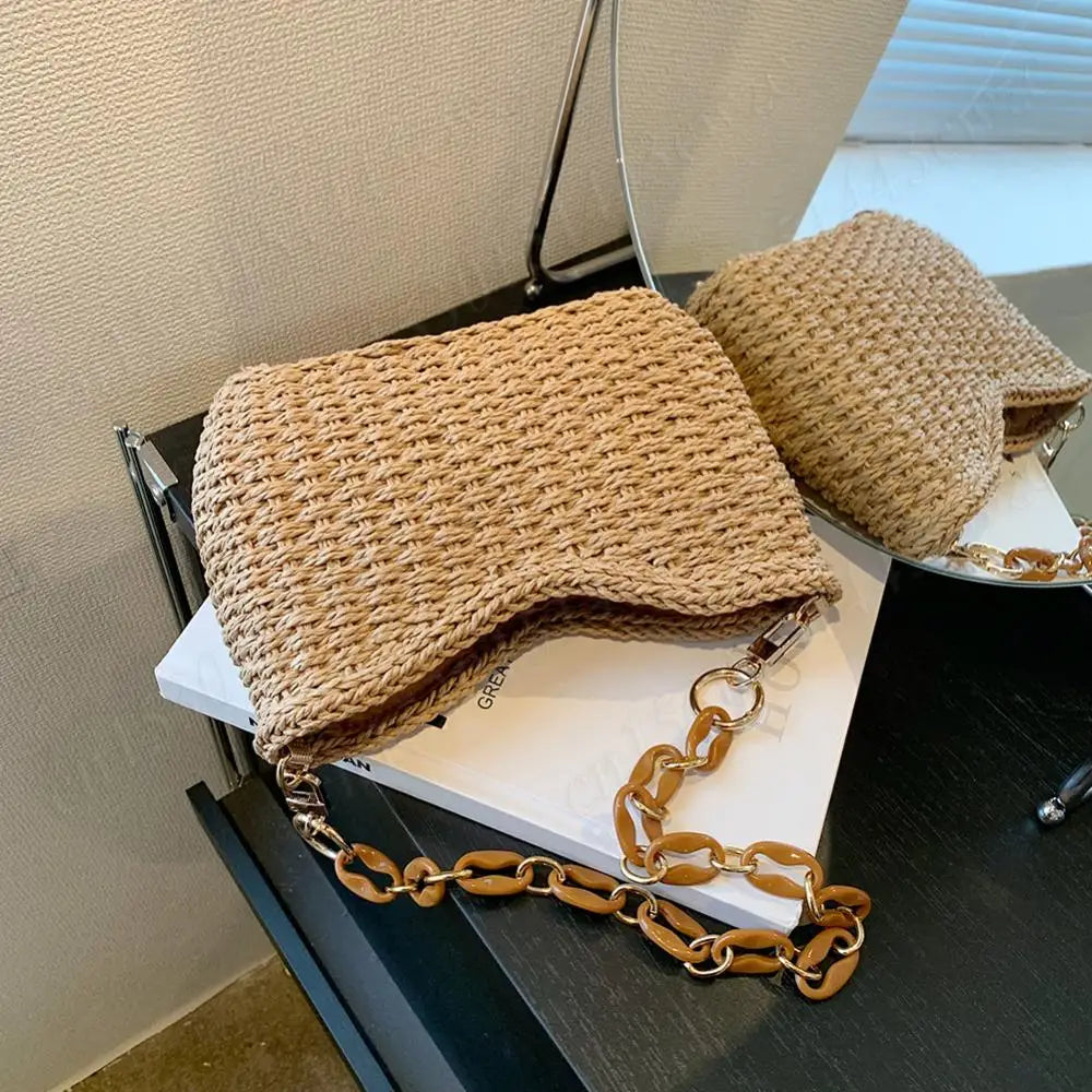 Straw Purse for Women with Chain Woven Shoulder Bag Zipper Underarm Bag Large Capacity Clutch Purse for Travel Vacation