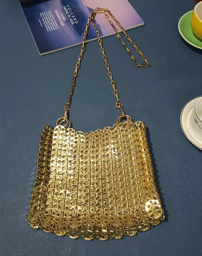 Women's Bag 2025 Trend luxury Designer Handbag Metal Chain Tote Bag Hollow Evening Bag Clutch Female Travel Holiday Shoulder Bag