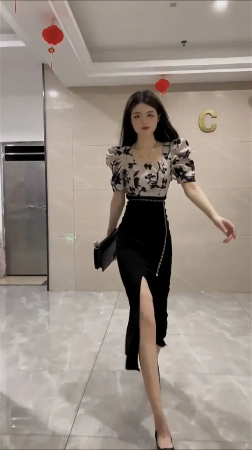 Skirt Suits Women's Two Piece Set Short Sleeve Long Maxi Sexy Female Outfits Slit Party Jacket Vacation 2025 Top and Bottom Full