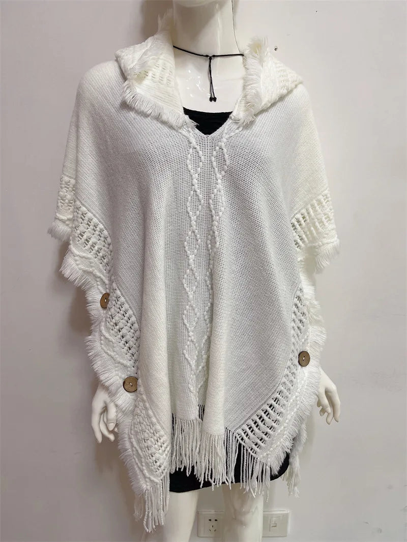 Hooded Crochet Cloak Poncho Shawl - Boho Chic Fringed Knit Wrap for Women, Spring-Autumn Versatile Outerwear