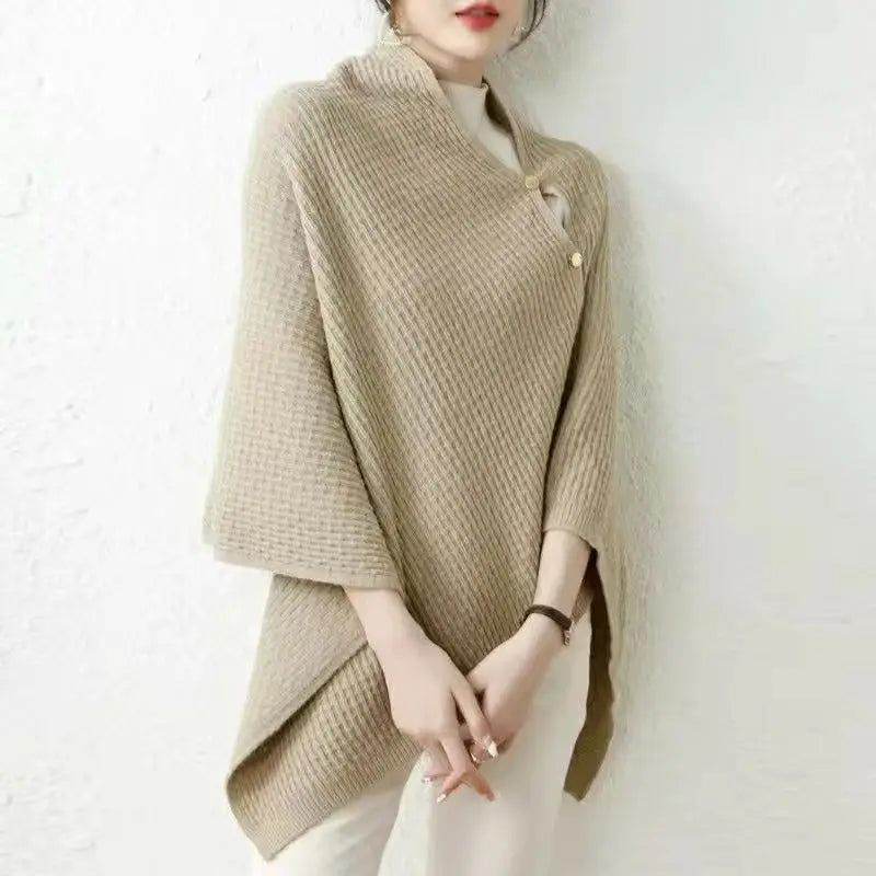 Warm Knitted Plain Color Scarf Thick Single Breasted Wool Shawl Wrap Women Cape Open Side Woven Cardigan Poncho Stole