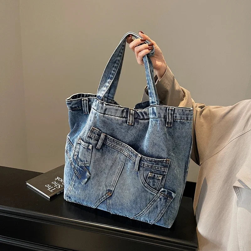 2025 Spring New Hot Sale Denim Tote Bags Solid Large Capacity Personality Retro Durable Commute Style Shoulder Bags for Women