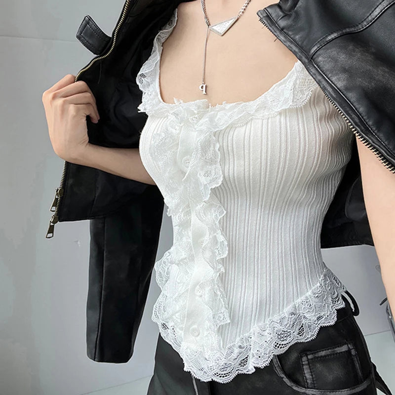 Sexy All-match Simple Lace Stitching Chic Tank Tops For Women Girls Fashion Sweet Casual Slim Fit Short Sleeveless Tank Tops