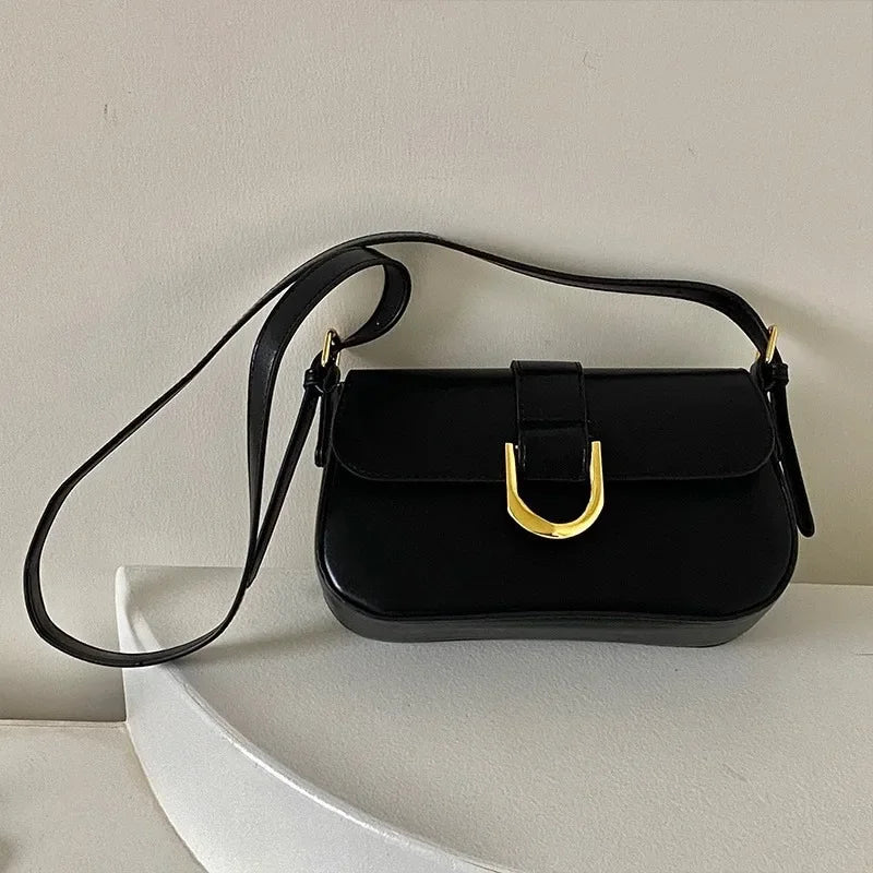 Classic PU Leather Horseshoe Buckle Casual Crossbody Bag Soild Color Small Shoulder Bag with Zipper Closure Women Clutch Purse