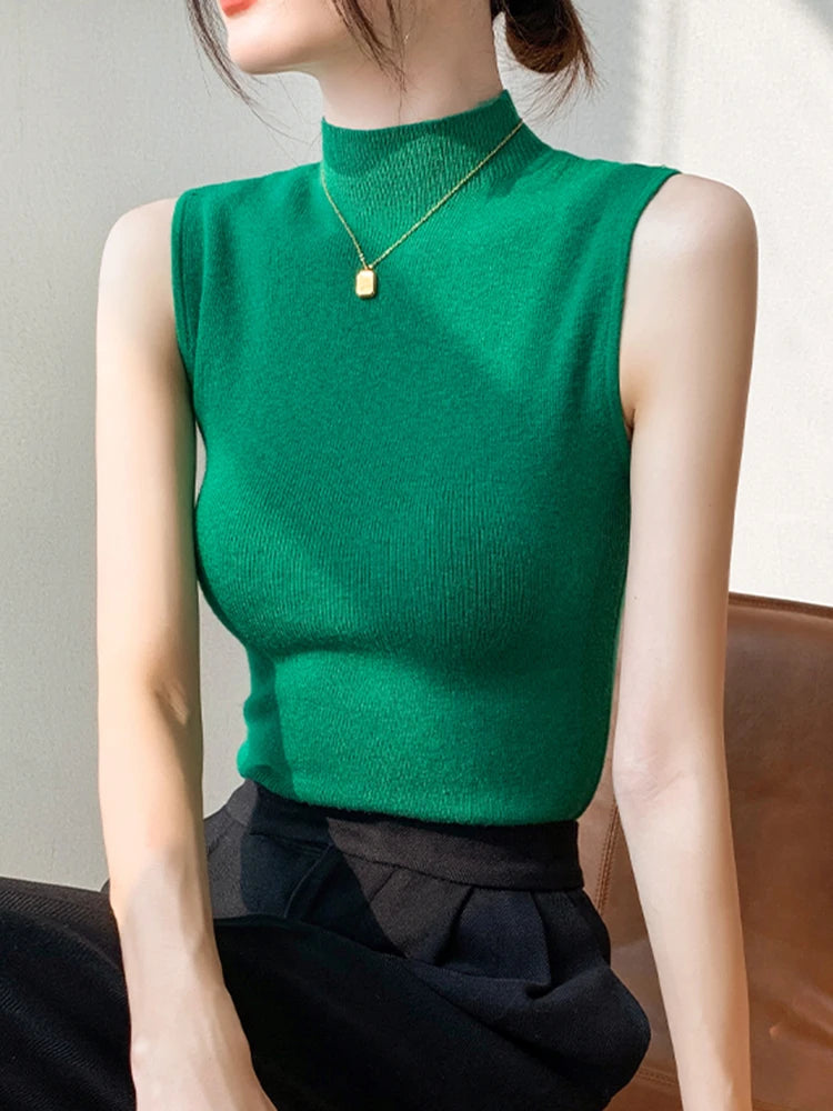 Sexy Summer Turtleneck Tank Tops Women Ribbed Sleeveless Solid Slim Top Female Sleveless Camisole Vest Casual Knitted Camis 2025