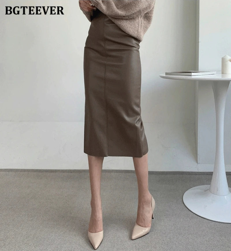BGTEEVER Stylish Package Hip PU Leather Skirts for Women Autumn Elegant High Waist Slim Split Ladies Pencil Skirts