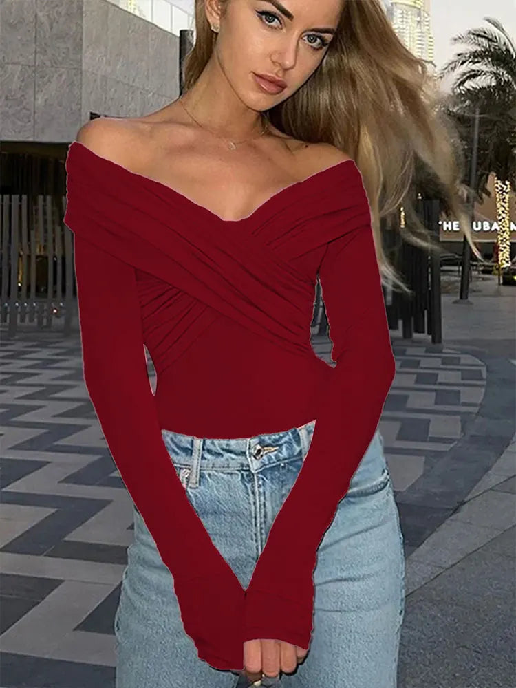 Women's Bodysuits Fashion Crossed Autumn New Corset Folds Solid Sexy Slim Rompers Long Sleeve Casual Streetwear Female Bodysuits