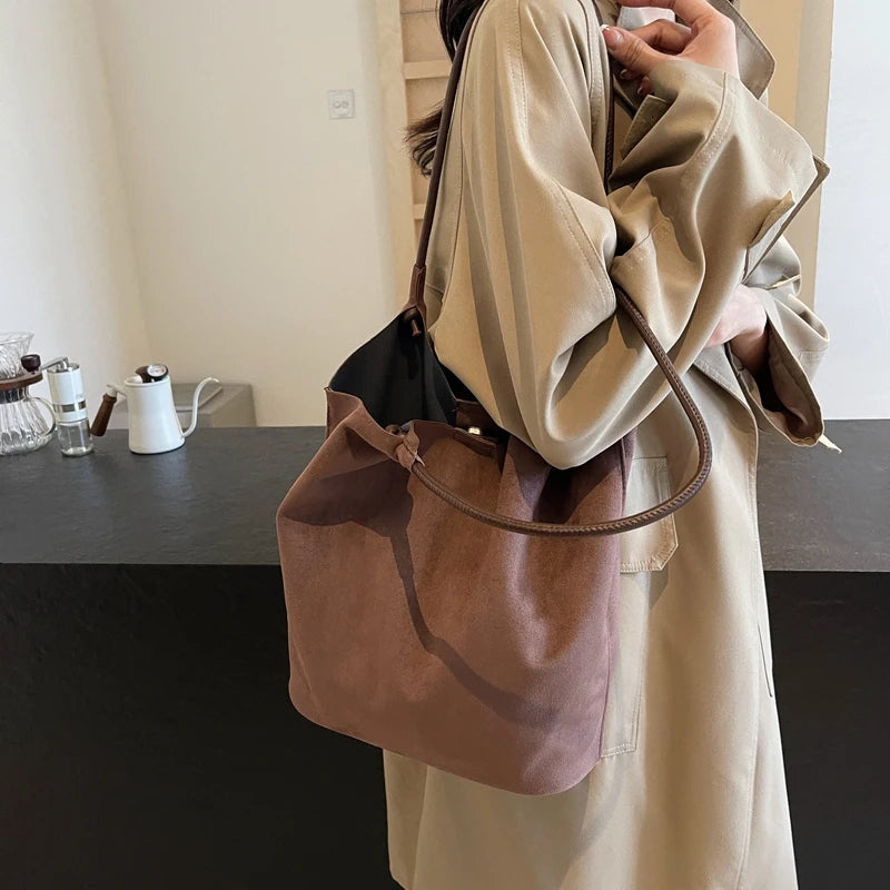 2pcs/set  Women Tote Bags Work Bags Suede Slouchy Bag Hobo Handbag Tote Handbag Suede Shoulder Bag Solid Color Commuting Bag