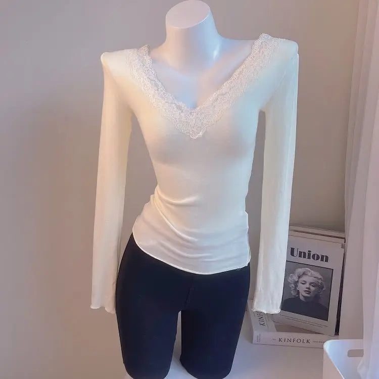 Women's Blouses Sexy Lace Deep V Neck Long Bell Sleeves Top Slim Fit Low Cut Sheer Mesh Shirt For Spring Fall Women's Clothing