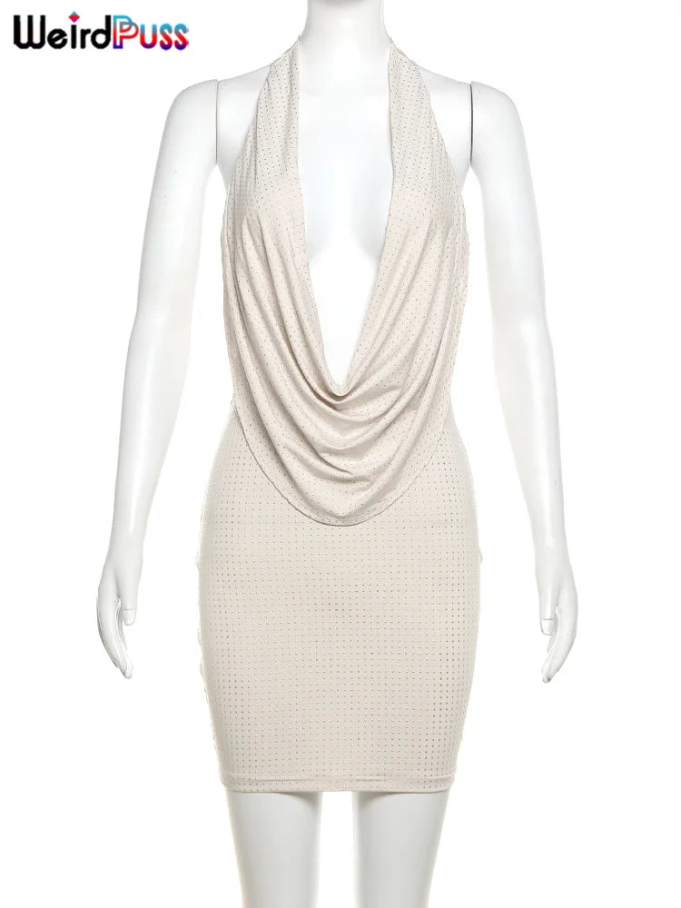 Weird Puss Sequins Shiny Dress Women Backless Halter Low Neck Ruched Skinny Short Bodycon Sexy Slim Midnight Evening Party Robe