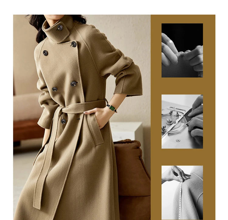 SENTUBILA Women's Long Woolen Overcoats 2025 Winter Outerwear Elegant Turtleneck Warm Double Breasted Belt Wrap Coat W24O42064