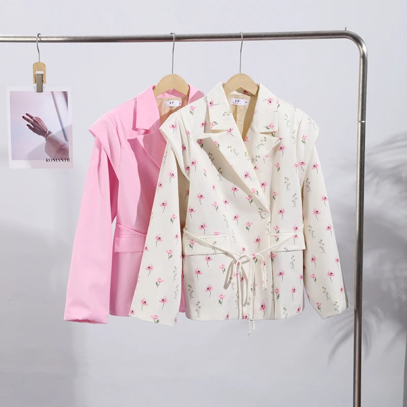 Lace Up Waist Cinched Suit Jacket Coat Blazer Shoulder Pad Strap Commuter Women Mid Length Overcoat Professional Formal Attire