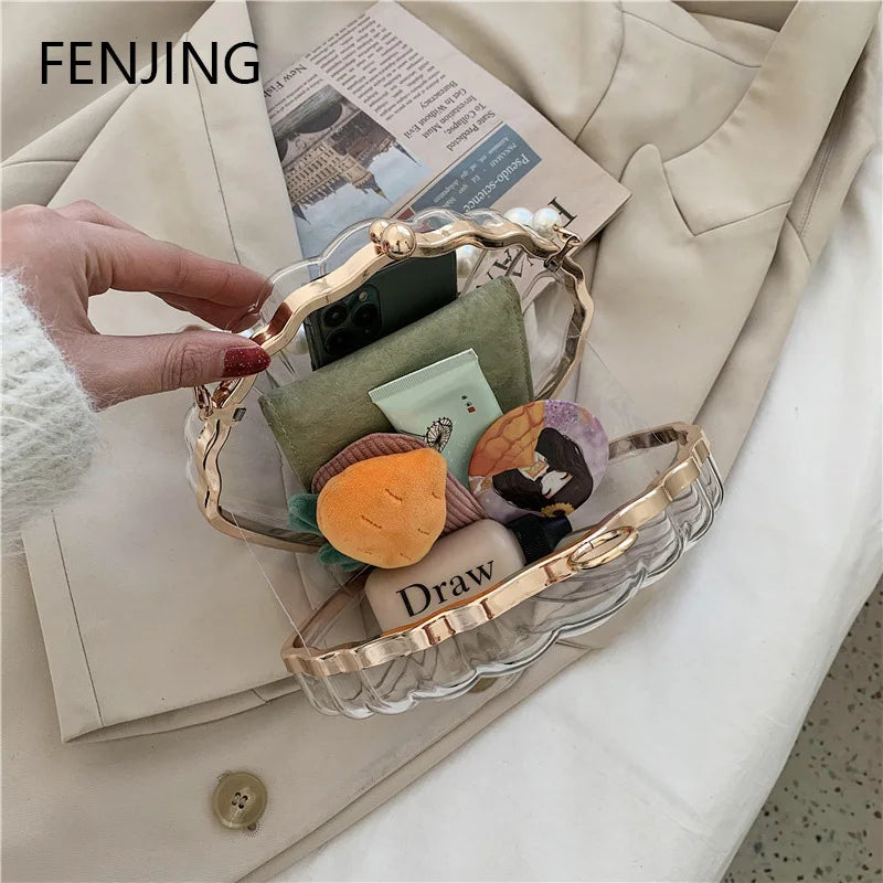 Evening Bags for Women 2023 New Transparent Shell Bag Clutch Box Handbags Pearl Chain Crossbody Bag Acrylic Purse Shoulder Bag