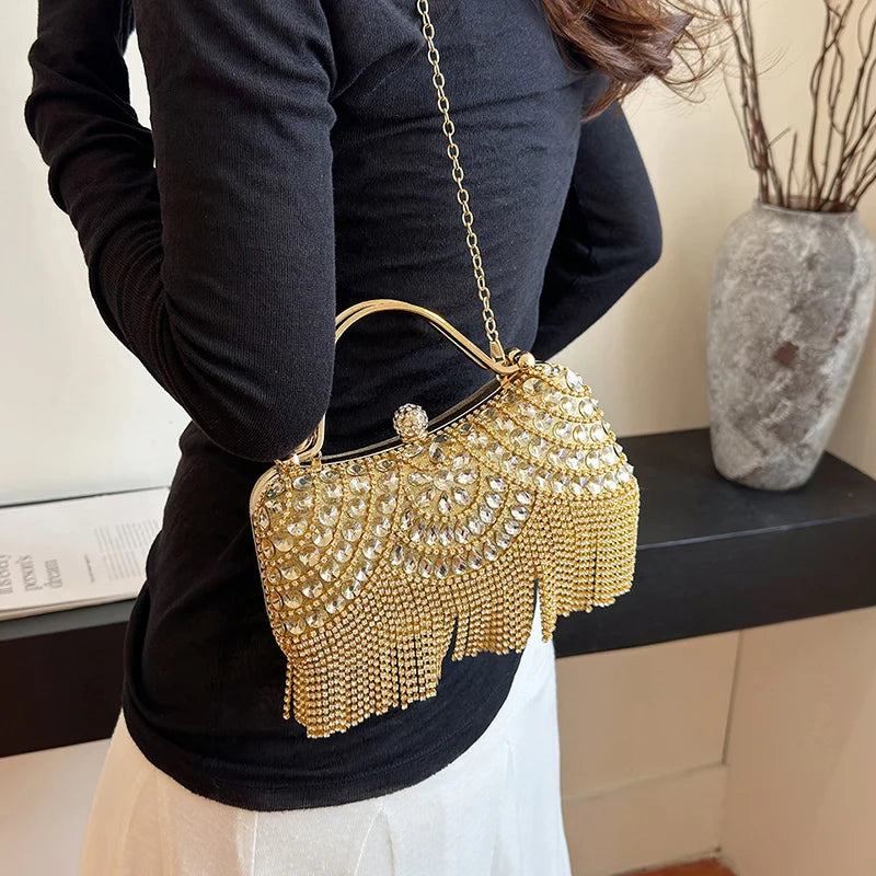 Gold Evening Clutch Bag For Women Luxury Diamond Party Purse Handbag Fashion Tassel Shoulder Crossbody Box Lipstick Bag Designer