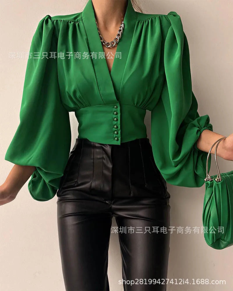 Elegant And Youth Woman Blouses Spring V-neck Lantern Sleeve Slim Fit Women's Shirts Button Long Sleeve Shirts And Blouses 2024
