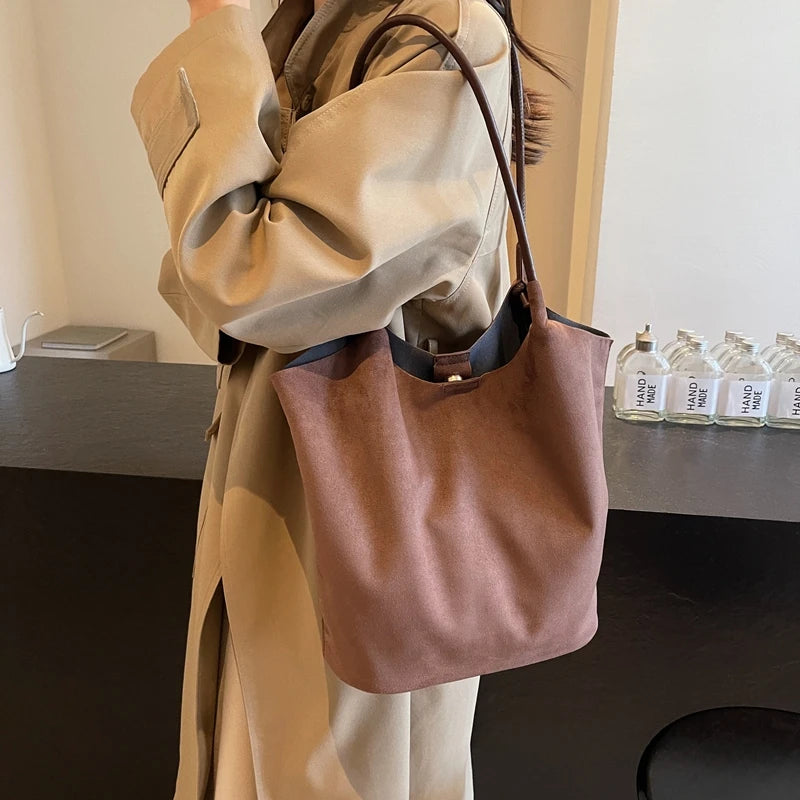 2pcs/set  Women Tote Bags Work Bags Suede Slouchy Bag Hobo Handbag Tote Handbag Suede Shoulder Bag Solid Color Commuting Bag