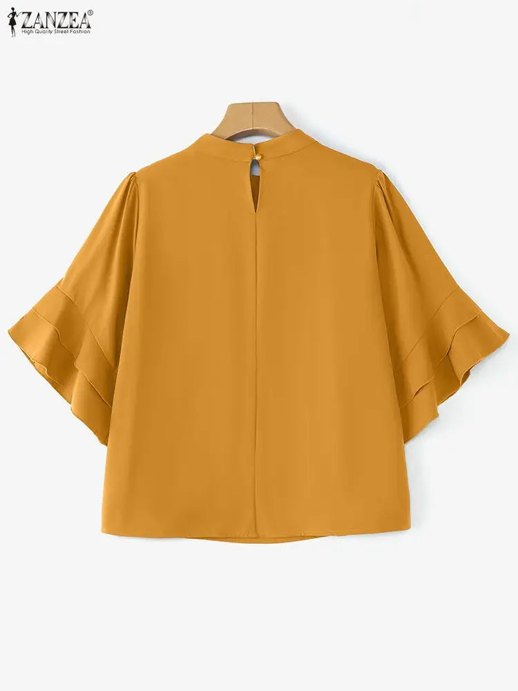 Women Blouse ZANZEA Elegant Office Lady Ruffled Shirts Half Sleeve Solid Casual Fashion Tops 2025 Summer OL Blusas Femininas
