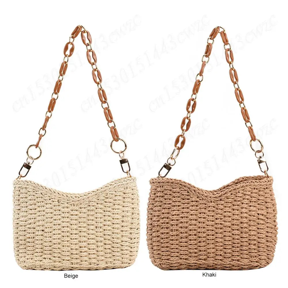 Straw Purse for Women with Chain Woven Shoulder Bag Zipper Underarm Bag Large Capacity Clutch Purse for Travel Vacation