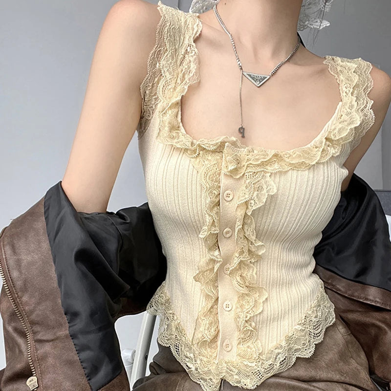 Sexy All-match Simple Lace Stitching Chic Tank Tops For Women Girls Fashion Sweet Casual Slim Fit Short Sleeveless Tank Tops