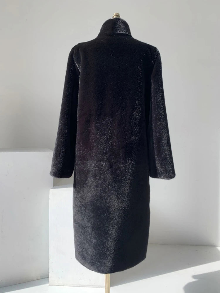 Lautaro Winter Long Black Luxury Elegant Stylish Thick Warm Fluffy Hairy Soft Faux Mink Fur Coat Women Stand Collar Sashes 2023