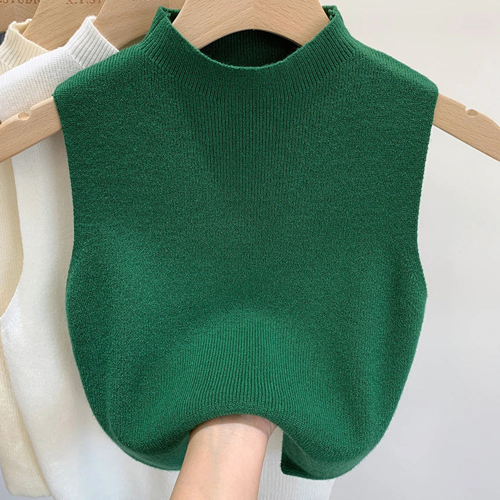 Women's Vest Tank Top Solid Color Knitted Tees Cropped Camisole Sweater Half-turtleneck Spring Autumn Sleeveless топ женский