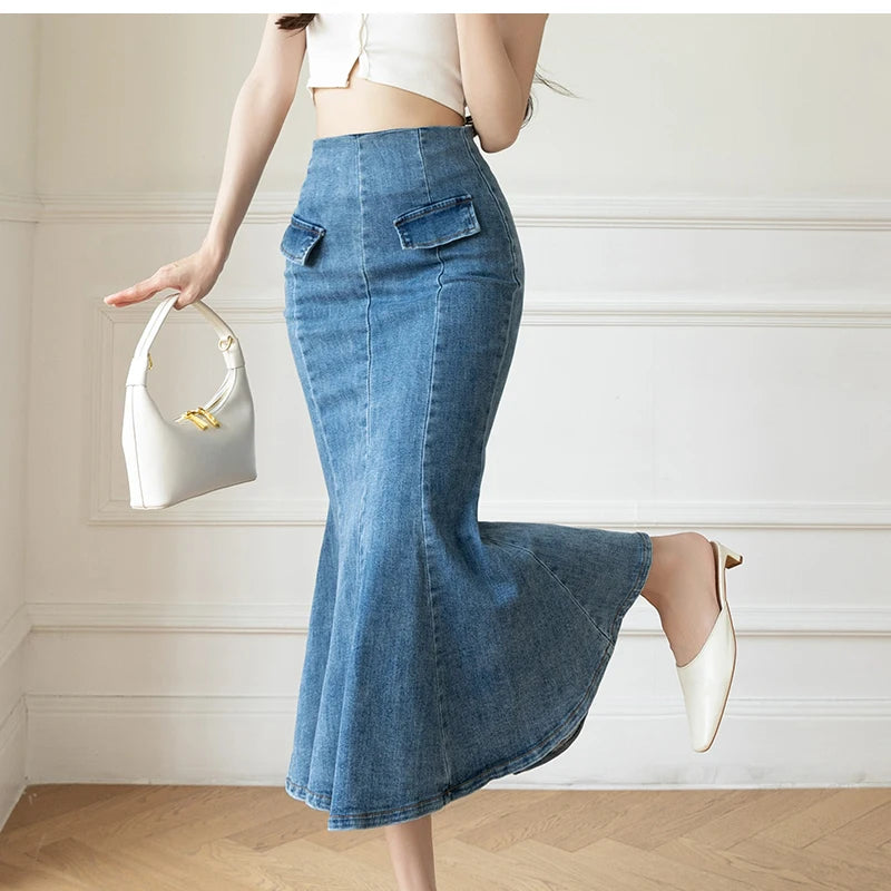 Elegant Casual Denim Jean Skirt for Women's High Waist Bodycon Ruffles Fishtail Skirts Fashion Trumpet Midi Length Skirts Female