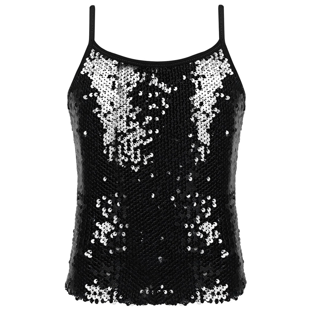 Womens Adjustable Spaghetti Straps Sparkly Sequin Tops Slim Fit Patchwork Tank Top for Pole Dancing Disco Night Out Costume