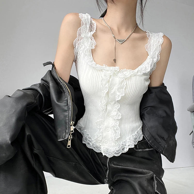 Sexy All-match Simple Lace Stitching Chic Tank Tops For Women Girls Fashion Sweet Casual Slim Fit Short Sleeveless Tank Tops