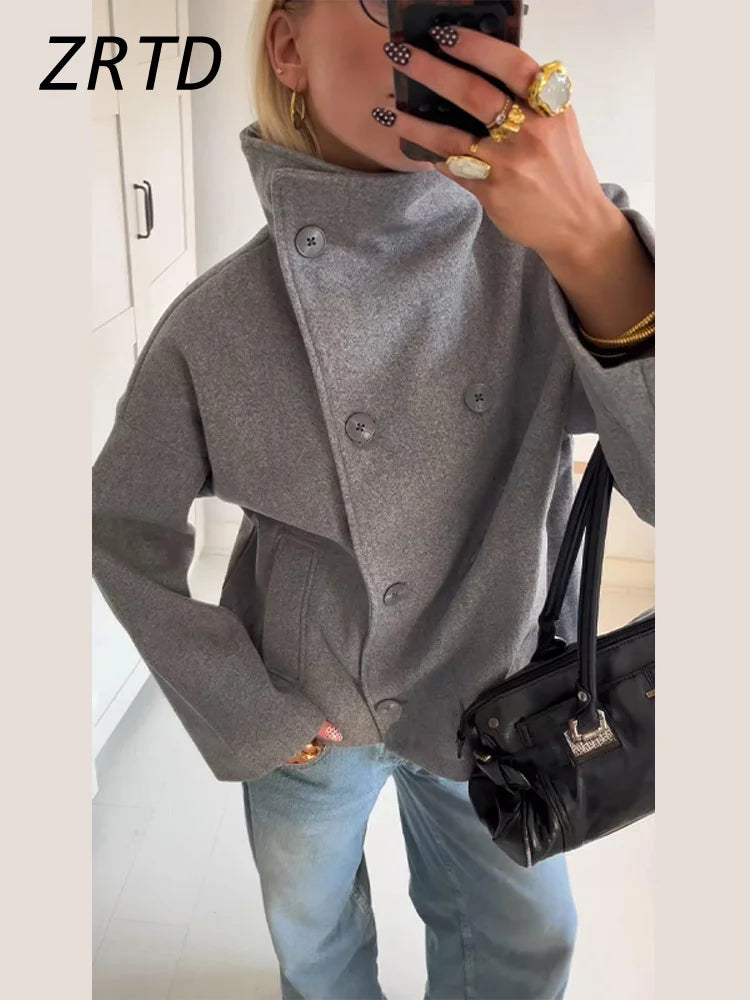 Elegant Women's Short Woolen Coats Loose Stand Collar Double Breasted Pocket Full Sleeve Jacket 2025 Autumn Lady Street Outwear