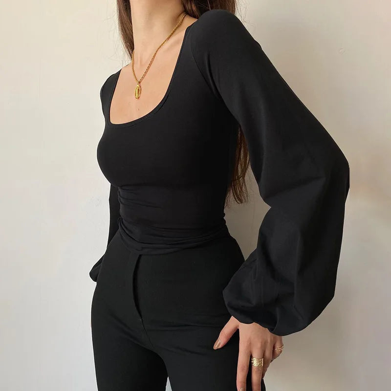 Black elegant blouse for women casual top all-match lantern long sleeve shirt 2024 new square collar slim solid T-shirt