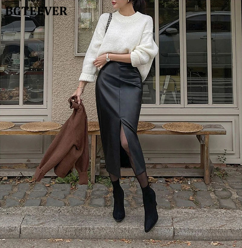 BGTEEVER Stylish Skinny PU Leather Skirts for Women Autumn Winter Elegant Slim Split Package Hip Pu Skirts Female