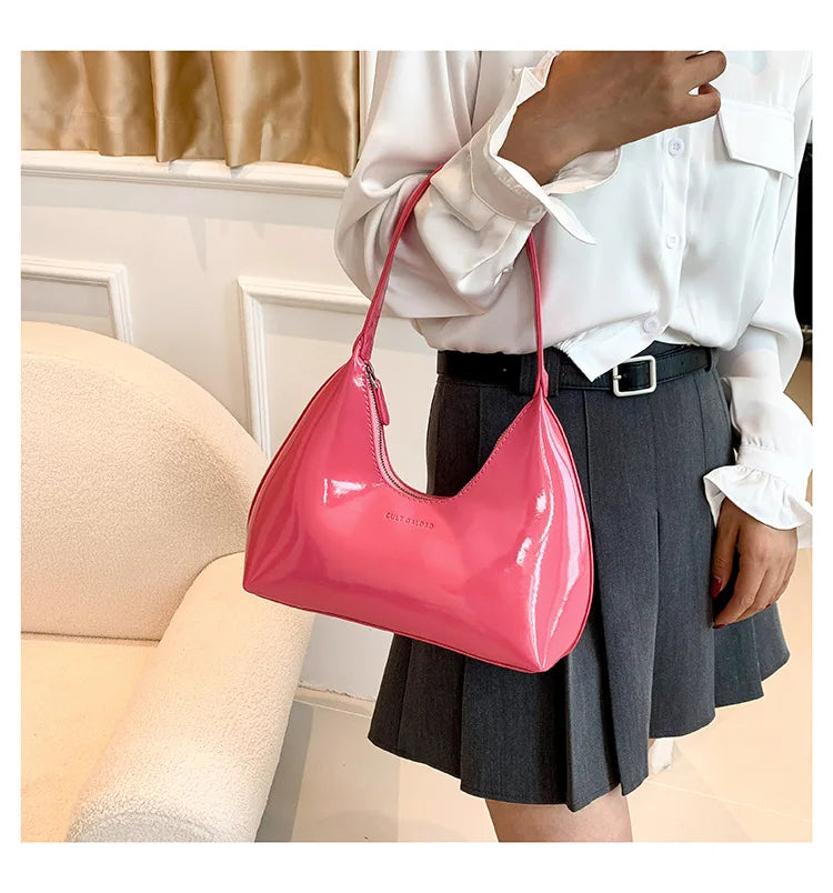 Trendy Designer Solid Shoulder Bags for Women Handbags and Purses 2024 New Fashion Patent Leather Underarm Ladies Tote Bags