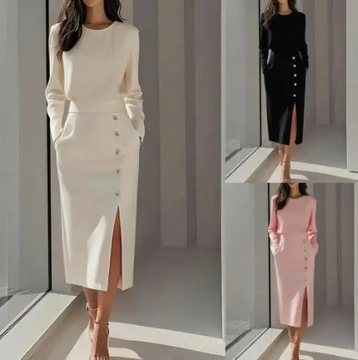 Women's Elegant High Waist Dresses 2025 Autumn New Fashion Temperament Solid Color Round Neck Button Decor Slit Dress for Women