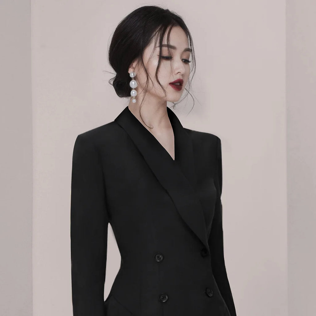 Trendy Early Autumn Bla Suit Dr V-Ne Long Sve Pleated Slimming OL Dr Faionable Women's  Dr for Young Ad...