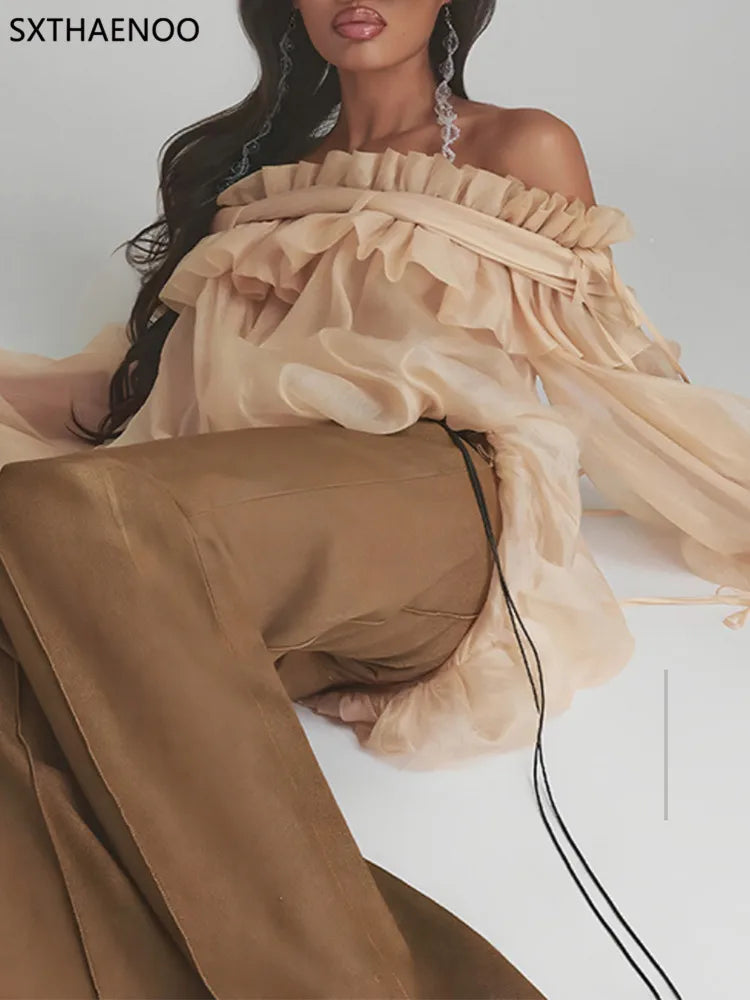 SXTHAENOOLoose Elegant Solid Blouses For Women Slash Neck Off The Shoulder Sleeve Spliced Folds Temperament Blouse FemaleFashion