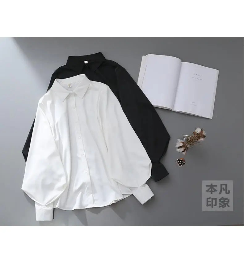 Blouses Tops Women White Black Long Lantern Sleeve Office Lady Temperament Autumn Winter Basic All-match Design Chic Female New