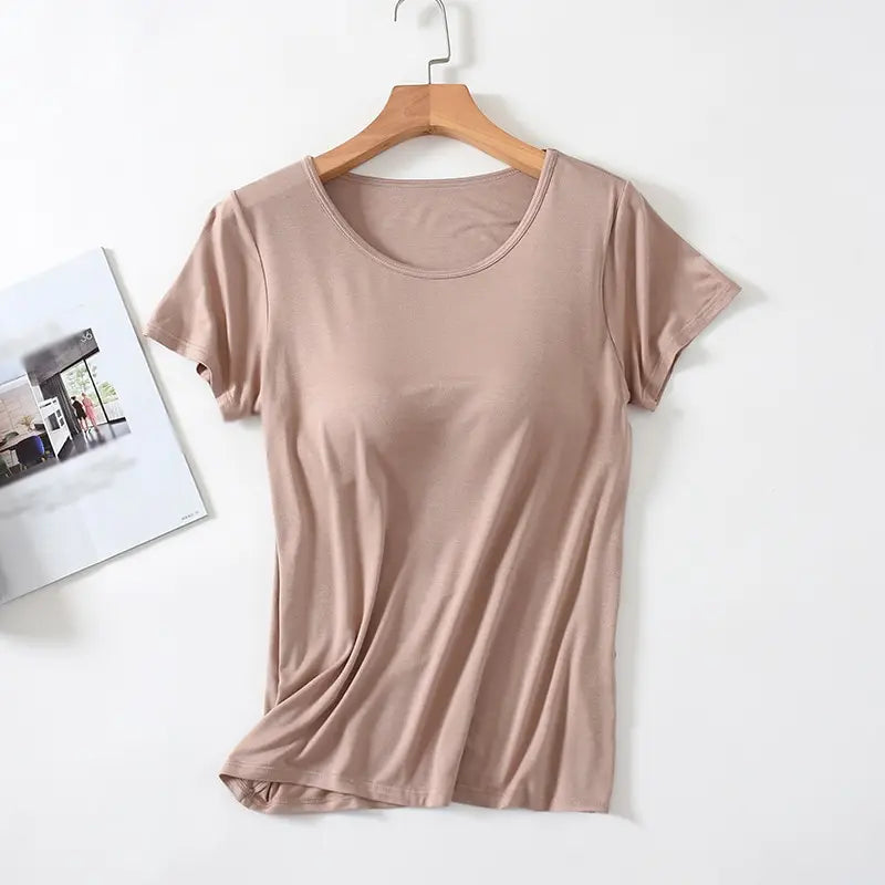 Women's T-Shirt with Chest Pad Tops  One-Piece Bra Cup Slim T Shirt Female Summer Top Bottoming Shirts Home Wear Women Pajamas