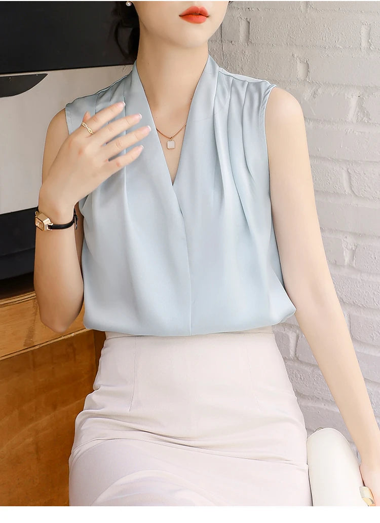 2025 New Summer Satin Tank Top Women's Blouses Sleeveless Solid Cross V-neck Casual Korean Elegant Vest Shirts for Womens