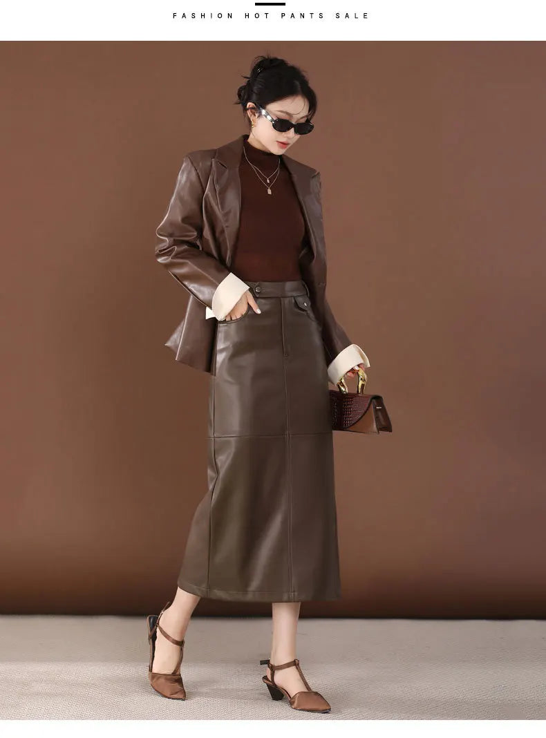 PU Leather Skirt Women's Autumn 2025 New High Waist Hip Skirt Medium and Long Straight Split One-step Skirt