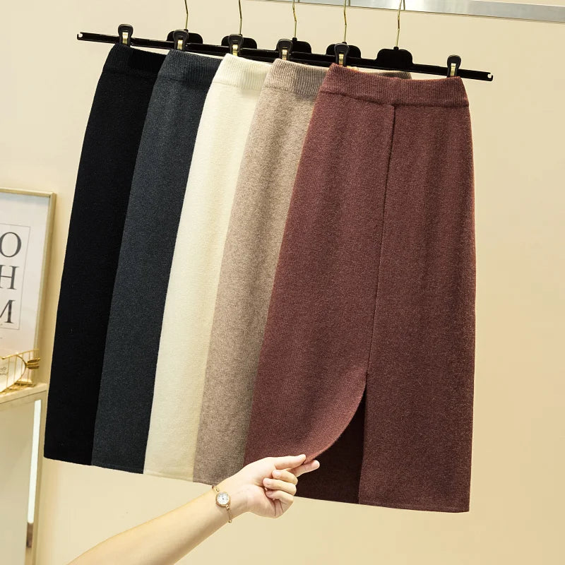 2025 Black Knitting Skirt Woman High Waist Elegant Long Skirts For Women Fashion Autumn Winter Skirt Office Women's Skirts