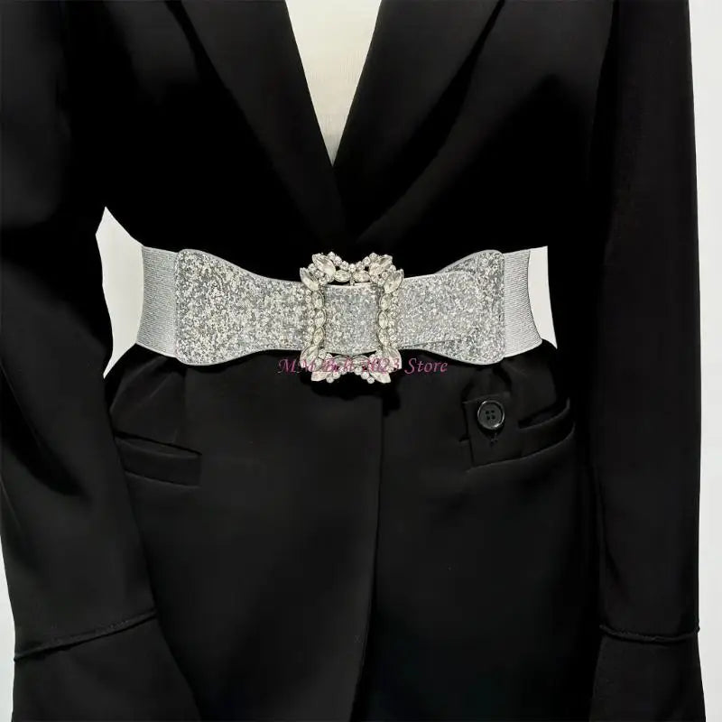 49ME Sparkly Wide Waist Belt Rhinestones Buckle for Hot Girl Glitter Corset Trendy Underbust Waist Chain Belt Disco Party