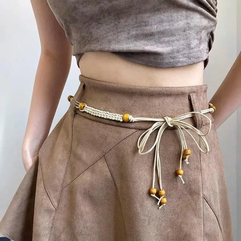 Belts For Women Knot Waistband Summer Boho Shell Bead Dress Jeans Belt Female Beach Accessory Beige Wax Cord