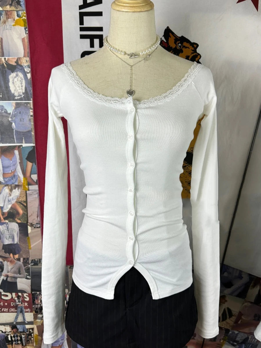 Sweet Lace Patchwork Cotton Long Sleeve Tees Women Casual Scoop Neck Slim Gray Tops Female Streetwear Vintage Y2K Chic T-shirts