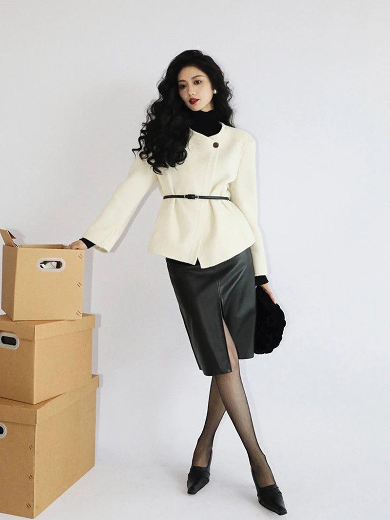 Real Leather Bodycon Skirts Women Spring High Waist Slim Midi-length Ladies Sexy Front Split Black Brown Split Sheepskin Skirts