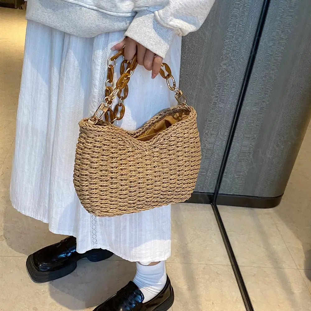 Straw Purse for Women with Chain Woven Shoulder Bag Zipper Underarm Bag Large Capacity Clutch Purse for Travel Vacation