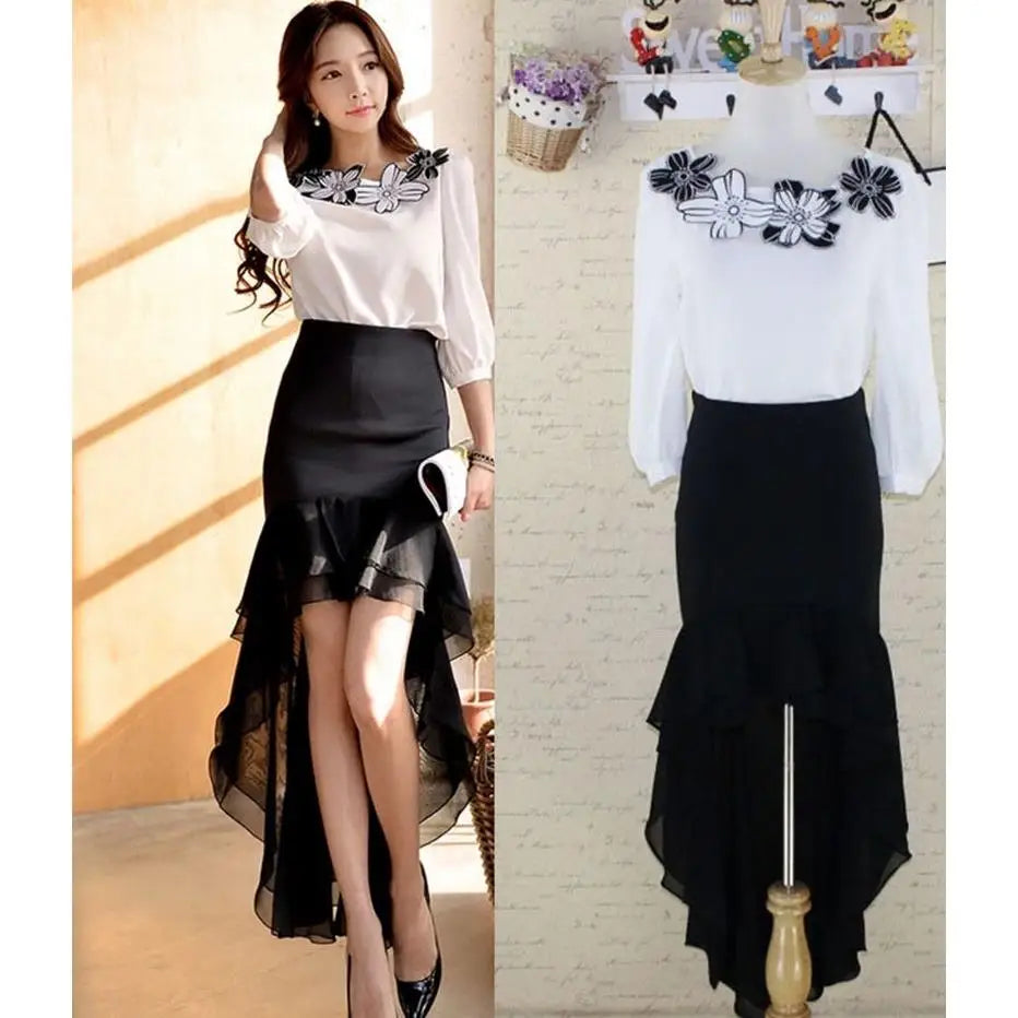 Mid-length Fishtail Skirt with Hips and Slit Skirt for Women's Fashionable Slim High Waist Chiffon Ruffle Dovetail Skirt Summer