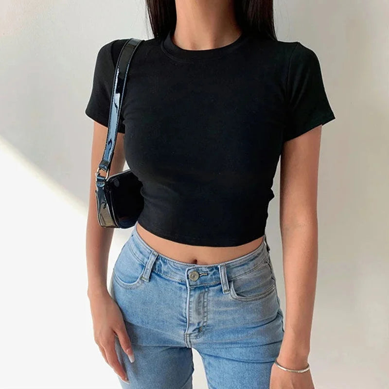 Short Sleeve T-Shirt Women Solid Simple Casual Soft All-Match Basic Crop Tops Tees Summer Fashion Skinny Tops Black White