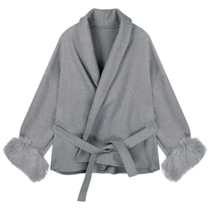 Slimming Thin Woolen Coat with Belt And Fur Sleeves for Women Trendy Autumn Winter Outerwear Elegant High-End Feeling
