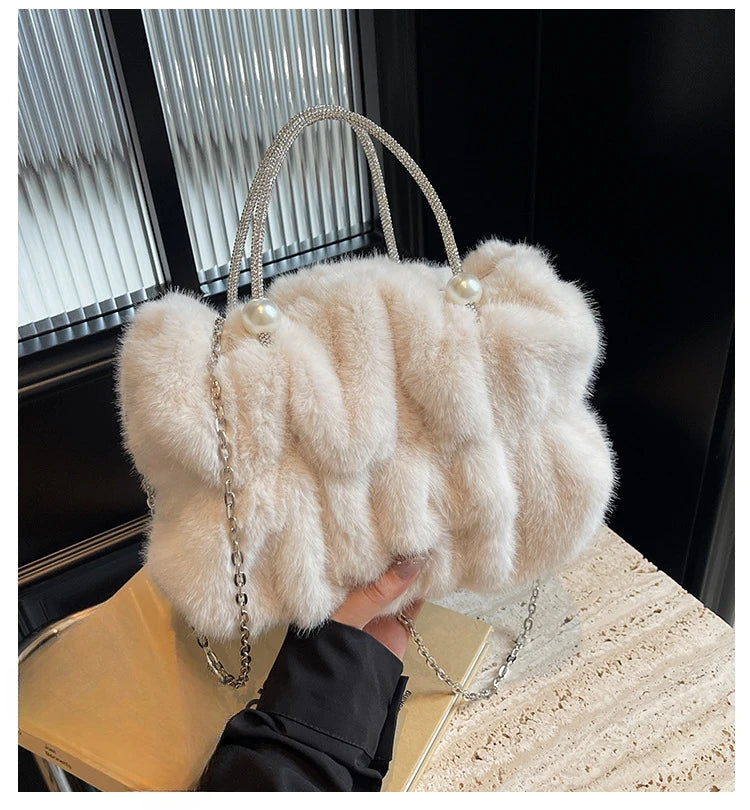 Soft Plush Evening Bags For Elegant Women Fur Dinner Party Clutch Chain Crossbody Winter Warm Luxury Designer Handbags